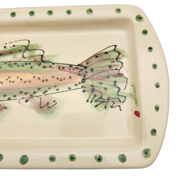 Liston Fish Platter Plate Small Signed 2003 12" x 9.5" Beige Pink Green Handmade - Picture 4 of 9